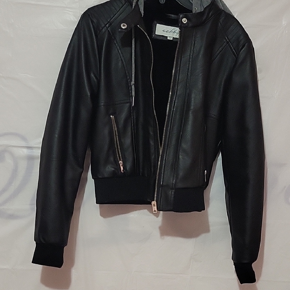 Black Faux Leather Jacket with Hoodie
